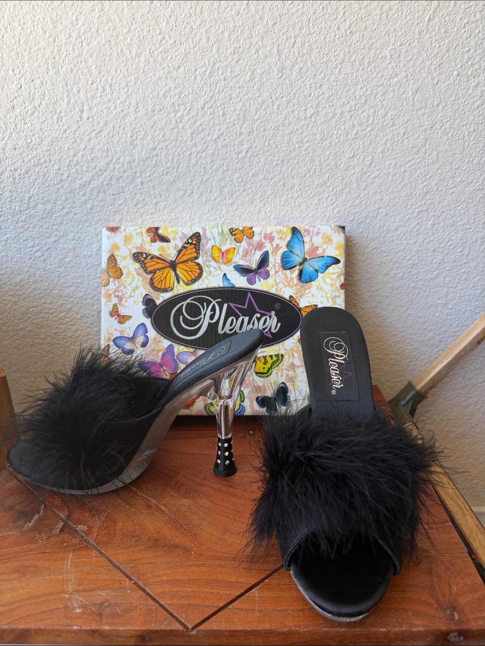 Pleaser Black Feather Clear-Stiletto Mule Heels